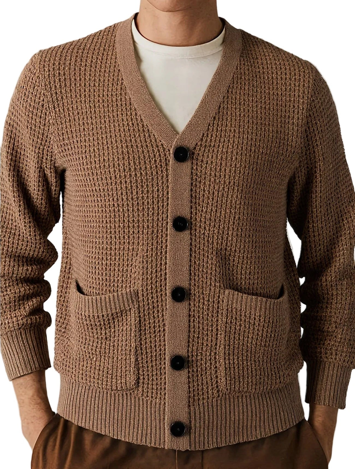 Homme Gilet Col V Maille Gaufrée Boutonné