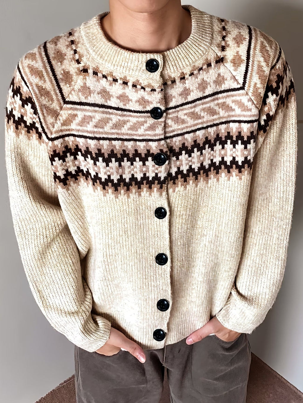 Homme Cardigan Col Rond Manches Raglan Boutonné