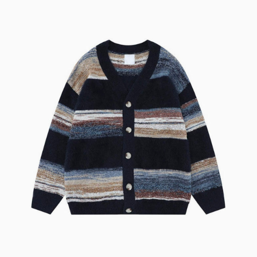 Homme Cardigan Col V Rayures Boutonné
