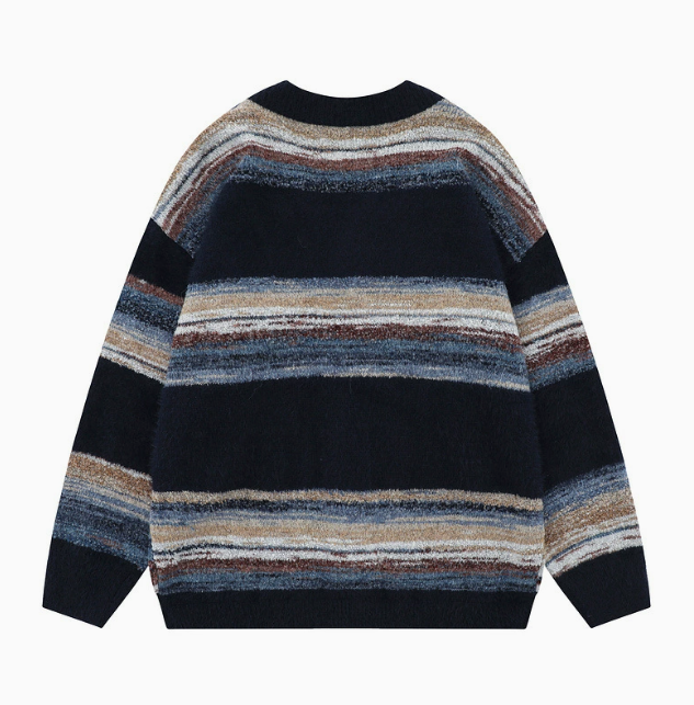 Homme Cardigan Col V Rayures Boutonné