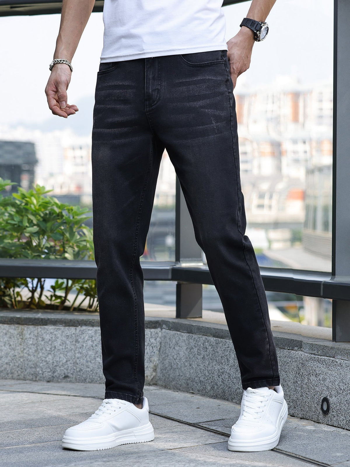 Homme Pantalon Passants Ceinture Coupe Droite